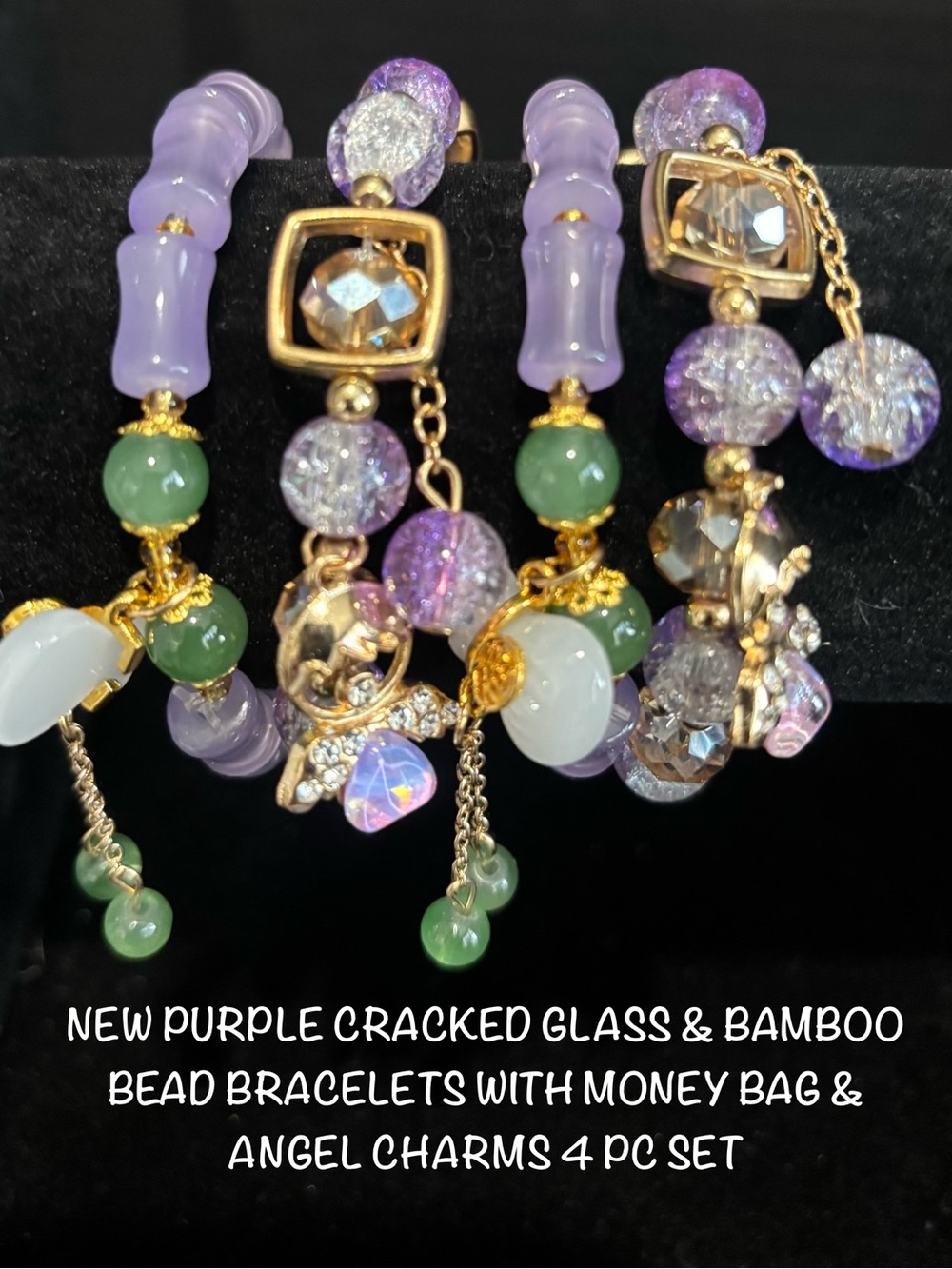 PURPLE CRACKED BEADS & BAMBOO SHAPES BRACELETS W/ANGEL & MONEY BAG CHARMS 4pc